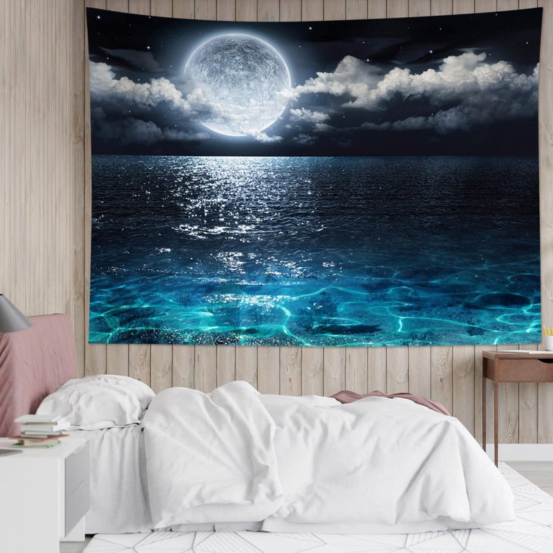 LB Moon Over Ocean Tapestry, Night Sky Tapestry Wall Hanging, 3D Fantasy Psychedelic Watercolor Wall Art for Bedroom Living Room Dorm Home Decor, 60 x 40 Inches - Image 1